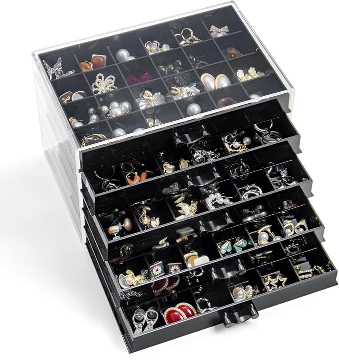 YUFONG Earring Storage Box Organizer, Acrylic Jewelry Storage Box Holder 5 Drawers Transparent Jewelry Display Stand with 120 Small Compartments Gift Boxes for Women Girls (Black) by YUFONG