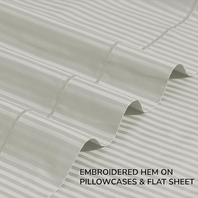 Feather & Stitch 500 TC Queen Size Damask Bed Sheet Set, 100% Cotton Soft Breathable Bedsheets, 4 Piece 18" Deep Pockets Sateen Weave Striped Bedding Mattress Resort Hotel Luxury - (Blue Blush Stripe)