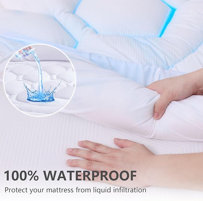 Twin Size Mattress Pad Waterproof, Pillow Top Cooling Twin Mattress Topper for Single Bed, Pee Proof Mattress Protector Cover Quilted Fitted with 8-21" Deep Pocket (39x75 inch, White)