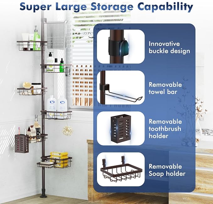 Vatex Corner Shower Caddy Tension Pole,Adjustable 30-120 Inch Bathroom Organizer Storage,Rustproof 6-Tier Shower Corner Shelves,Towel Rack, Toothbrush Holder, Soap Dish Organizers - Image 2