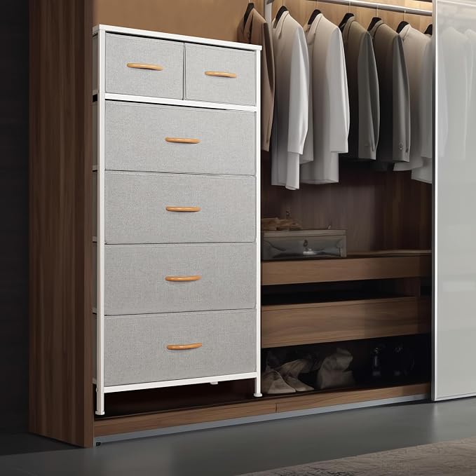 Mifuro Tall Dresser for Bedroom, Vertical Storage Organizer Tower with 6 Drawers, Chest of Drawers with Fabric Bins, Steel Frame, Wood Top for Bedroom, Closet, Entryway- Light Grey - Image 4