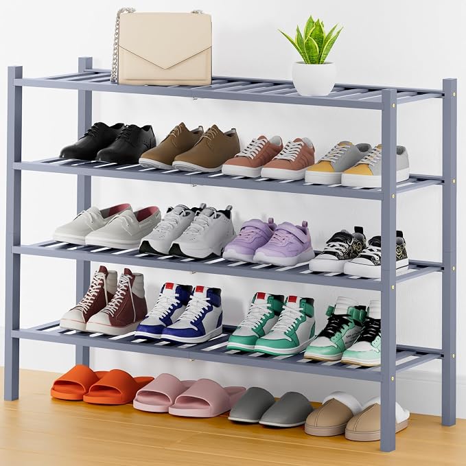 Smiry Shoe Rack, 4 Tier Thick Long Bamboo Shoe Organizer, Stackable Free Standing Wooden Shoe Storage Shelf for Closet, Entryway, Front Door Entrance, Grey by Smiry