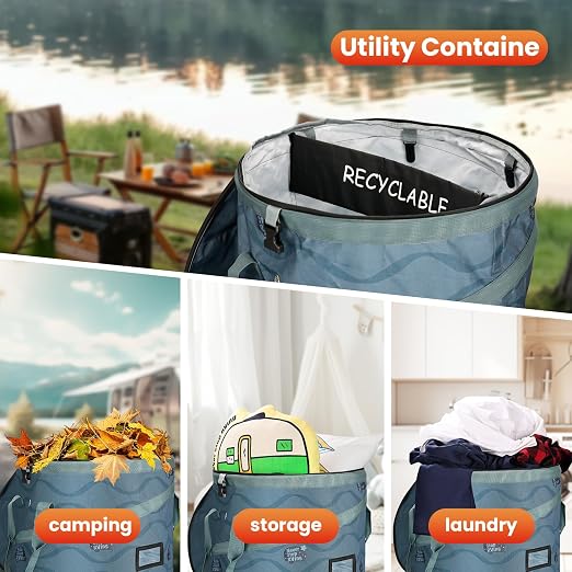Pop-Up Trash Bin with Removable Divider, Heavy Duty Bottom, Collapsible Storage for Camping, Laundry, Storage and Garden, Waterproof and Tear Resistance Material with Air Vent, Blue - Image 2