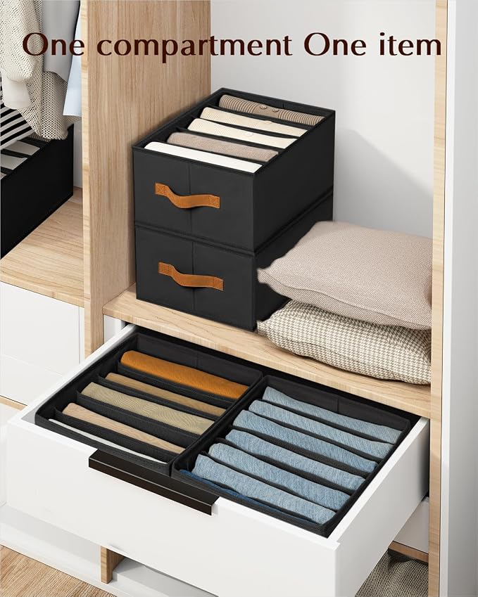 Homsorout Clothes Organizers and Storage - 4/5/7 Grids Fabric Jeans Organizer with Handles, Foldable Closet Organizers Dividers, Wardrobe organizer for Pant, Sweater, T-shirt, Scarf, 6 Pack, Black - Image 4