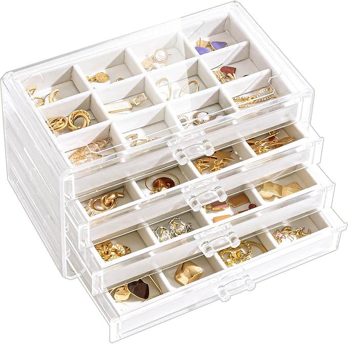 Lolalet Earring Holder Organizer Box Jewelry Storage with 4 Drawers, Clear Acrylic Stackable Earring Case with Adjustable Velvet Trays for Women on Dresser Vanity -Warmwhite, 4 Layers by Lolalet