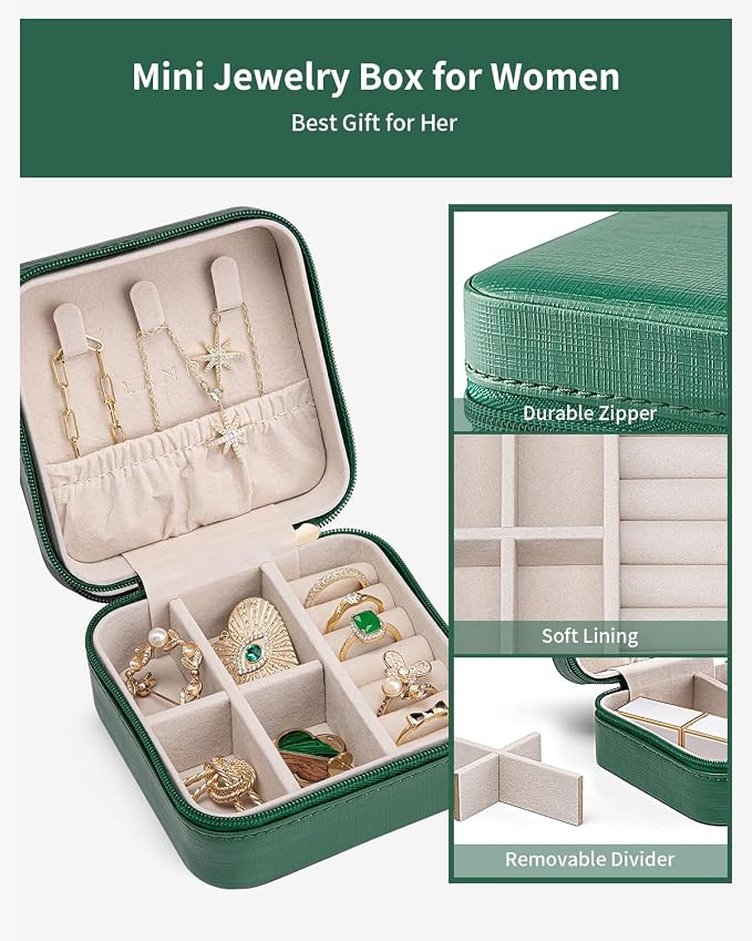 VLANDO Small Travel Jewelry Box Organizer - Girls Women Gift Rings Earrings Necklaces Jewelry Storage Display Case Dark Green - Image 4