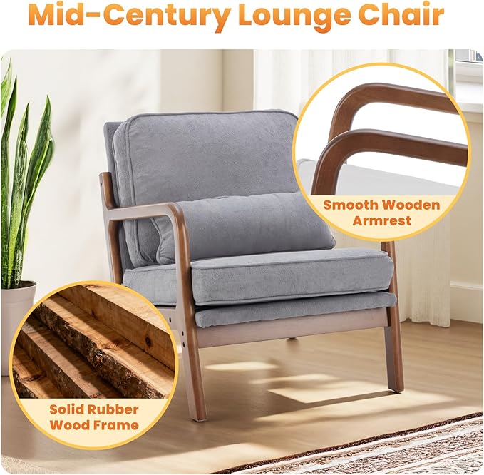 DUMOS Mid Century Accent Chair, Modern Living Room Chair with Arms and Waist Cushion, Reading Chairs for Adults, Lounge Chair for Bedroom, Solid Wooden Frame, Light Grey