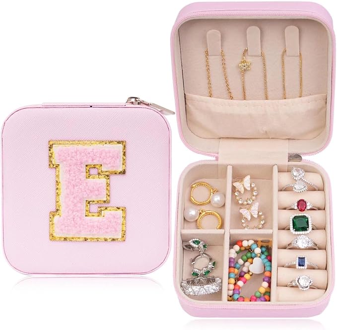 ETHOON Jewelry Travel Case Small Organizer Stocking Box Personalized Gifts Teenage Jewelry Accessories Holiday Wedding Christmas Gift for Women Pink, Letter E by ETHOON