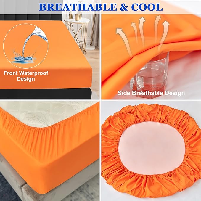 Sufdari Twin XL Mattress Protector,Waterproof Mattress Protector,Fitted Sheet Style Mattress Cover with 18" Deep Pocket,Washable and Comfortable-Orange,Twin XL