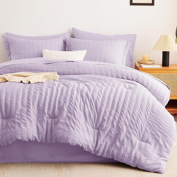 CozyLux King Size Comforter Set Light Purple Seersucker 7 Pieces Bed in a Bag King Comforter Set with Sheets, Lavender Luxury Bedding Sets with Down Alternative Comforter, Sheets, Pillowcases & Shams