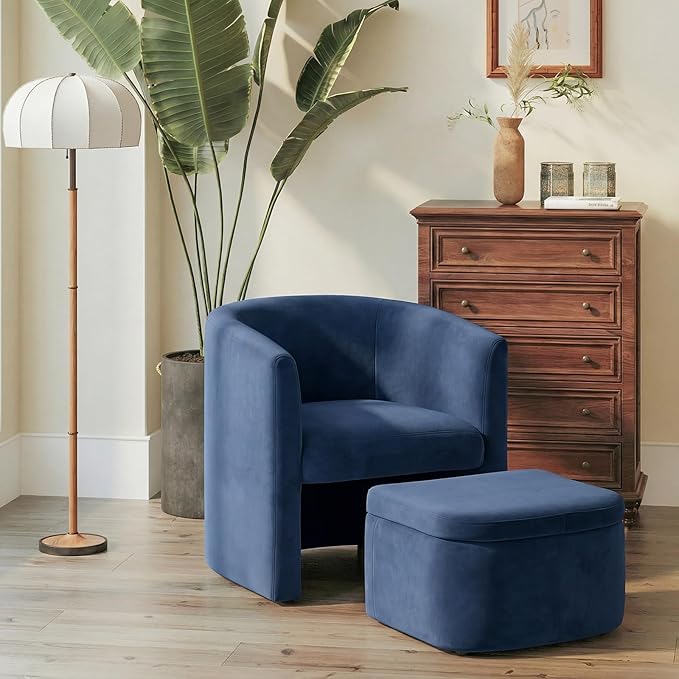 COLAMY Morden Velvet Living Room Side Chair with Storage Ottoman, Single Sofa Armchair with Lounge Seat, Upholstered Barrel Accent Chair for Bedroom/Office/Reading Spaces, Blue