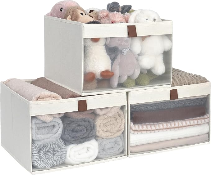 StorageWorks Closet Storage Bins, Extra Large Storage Baskets with Clear Window and Handles, Foldable Fabric Organizer for Clothes, Shelves, Beige, 3 Pack by StorageWorks
