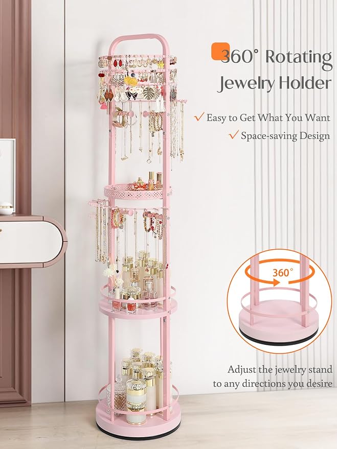 Jewelry Holder Organizer, Floor Jewelry Organizer with Earring Organizer Necklace Holder, Rotating Jewelry Stand Necklace Display Earring Storage, Large Hanging Jewelry Tree for Jewlery Bracelet Ring - Image 3