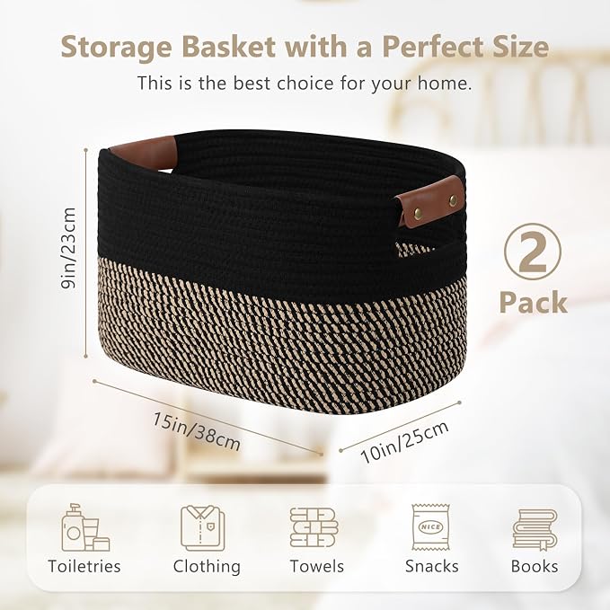 ECDYQXVU Cotton Rope Basket, Storage Baskets with Handle, 15x10x9 Inch Woven Basket for Shelves, Laundry, Towels, Clothes, Books, (Black Brown 2 Pack) - Image 3