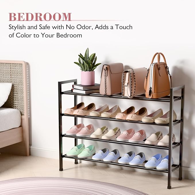 Bumusty 4-Tier Expandable Shoe Rack for Closet, 18“-33” Adjustable Shoe Rack for Small Space, Small Shoe Organizer for Front Door, Sturdy Metal, Black - Image 6