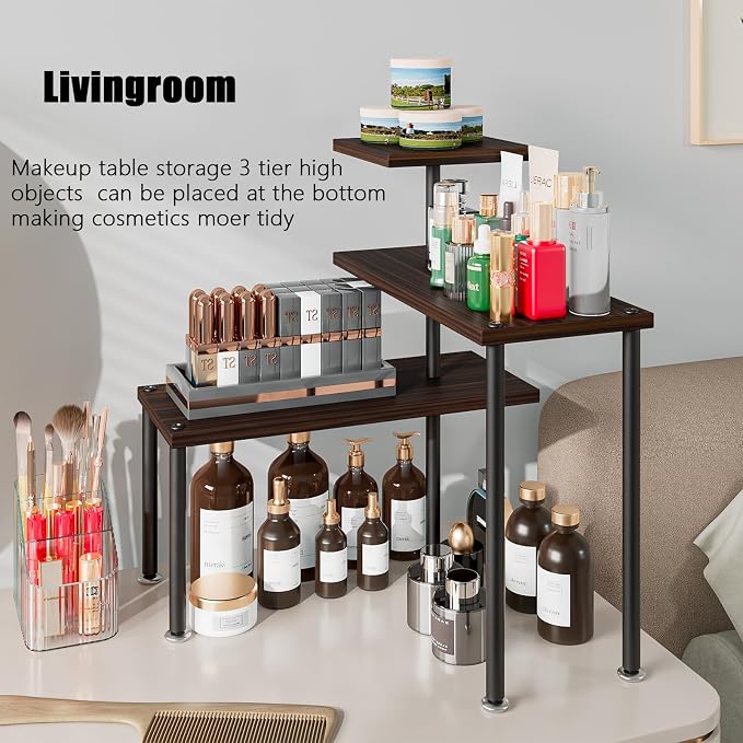 Countertop Organizer Organization 3 Tier Kitchen Corner Shelves Adjustable Spice Storage Rack for Bathroom Coffee Area Over Sink (Black Oak) - Image 5