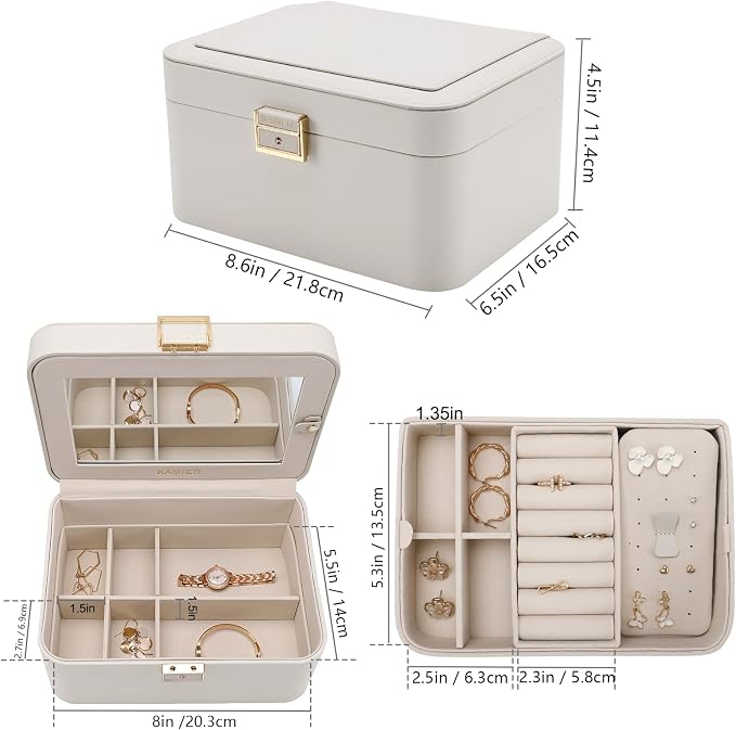 KAMIER Jewelry Box, 2 Layers PU Leather Jewelry Organizer Box, Large Capacity, Double Lock and Large Mirror, Hidden Necklace Hooks, Removable Dividers, Grey - Image 6