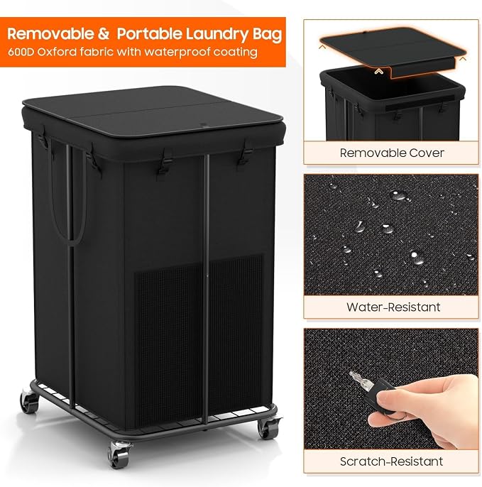 160L Laundry Hamper with Lid, Rolling Laundry Basket with Wheels, Large & Tall Dirty Clothes Hamper with Metal Frame and Removable Bag for Bedroom Aesthetic, Laundry Room, Bathroom, Dorm-Black - Image 5