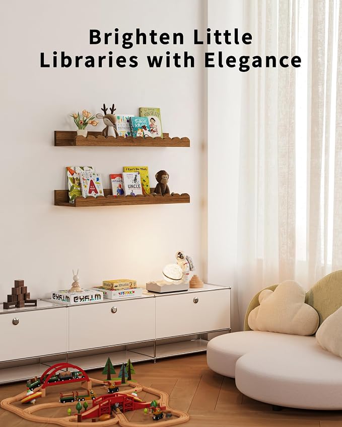 Shario Nursery Book Shelves, 4-Pack Walnut Brown,Floating Shelves for Wall Kids, Scalloped Shelves, Wall Book Shelves for Bedroom Kids, Toddler Room, Baby Room, Nursery Decor - Image 4