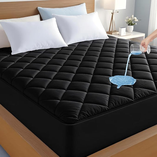 LUX Décor Full Size Mattress Pad - Quilted Elastic Fitted Mattress Cover Protector Upto 16 Inches Deep Pocket - Soft Breathable Noiseless Mattress Topper (Black “54 X 75”)