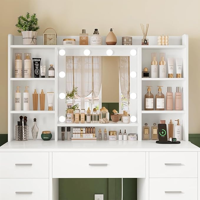 FIONESO Vanity Desk with Mirror and Lights, Power Outlet, Makeup Vanity with 9 Drawers & 6 Open Storage Shelves, 3 Lighting Modes Brightness Adjustable, White