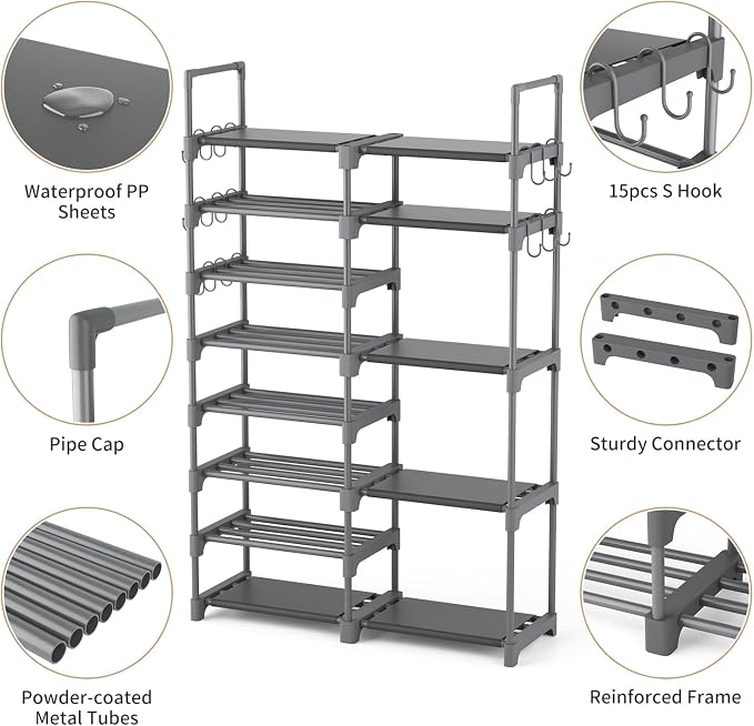 ROJASOP Shoe Rack, Shoe Storage Organizer for Closet Entryway Garage Bedroom, 8 Tier Tall Metal Shoe Shelf for 26-32 Pairs Boots & Shoes, Adjustable Shoe Stand for Small Space - Image 5