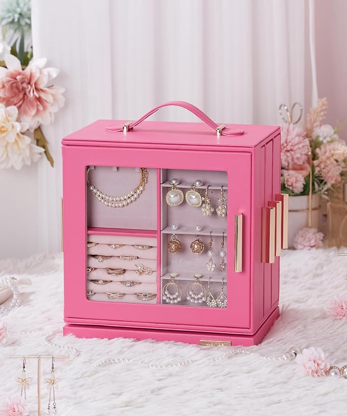 Homde Jewelry Box 360° Rotating, Necklace Earring Organizer with Transparent Window, Mirror, 7 Drawers, Large Ring Display Storage Case for Girls Women (Pink) - Image 2