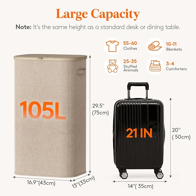 Lifewit 105L Large Laundry Basket with Lid, Laundry Hamper with Plastic Handles and Removable Bag, Foldable Tall Dirty Clothes Hampers for Laundry for Laundry Room, Bedroom, Bathroom, Dorm, Beige - Image 3