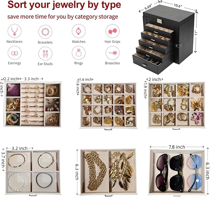 BOOVO Jewelry Box For women, 6 Layer Large Jewelry Organizer With Mirror, Multi-Function Storage Box With Lock, Necklace Holder With 5 Drawers, For Earrings Necklace Bracelet (Silver and Black) - Image 4