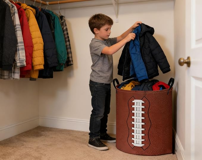 Kids Laundry Basket Football Hamper for Nursery Hamper Cute Kids Storage Bin Room Decor for Home(Football) - Image 6