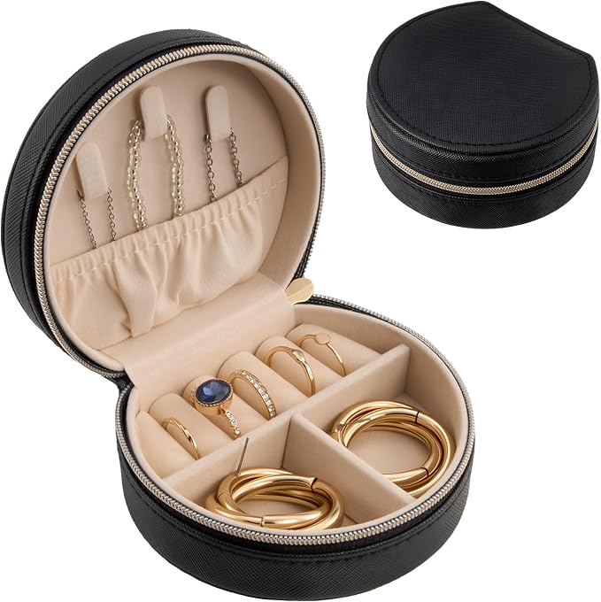 ProCase Travel Size Jewelry Box, Mini Portable Seashell-Shaped Jewelry Case, 2 Layer Organizer in PU Leather for Women -Black by ProCase