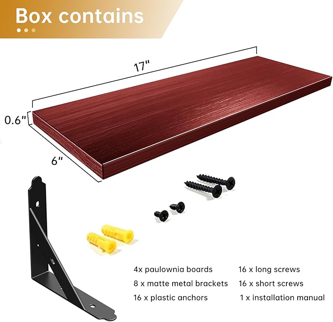 ROMGUAR CRAFT Wood Floating Shelves Set of 4, Rustic Storage Decor Wall Shelves, Wall Mounted Shelf for Living Room, Bedroom 17" x 6", Red - Image 3