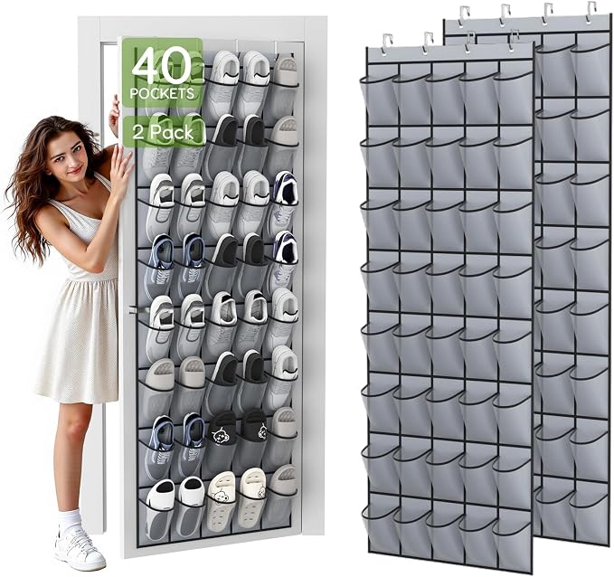 Unjumbly Over the Door Shoe Organizer with 40 Large Breathable Mesh Pockets, Space Saving Shoe Holder, Hanging Shoe Rack for Entryway Bedroom Closet Storage (Grey, 80 Pockets) by Unjumbly