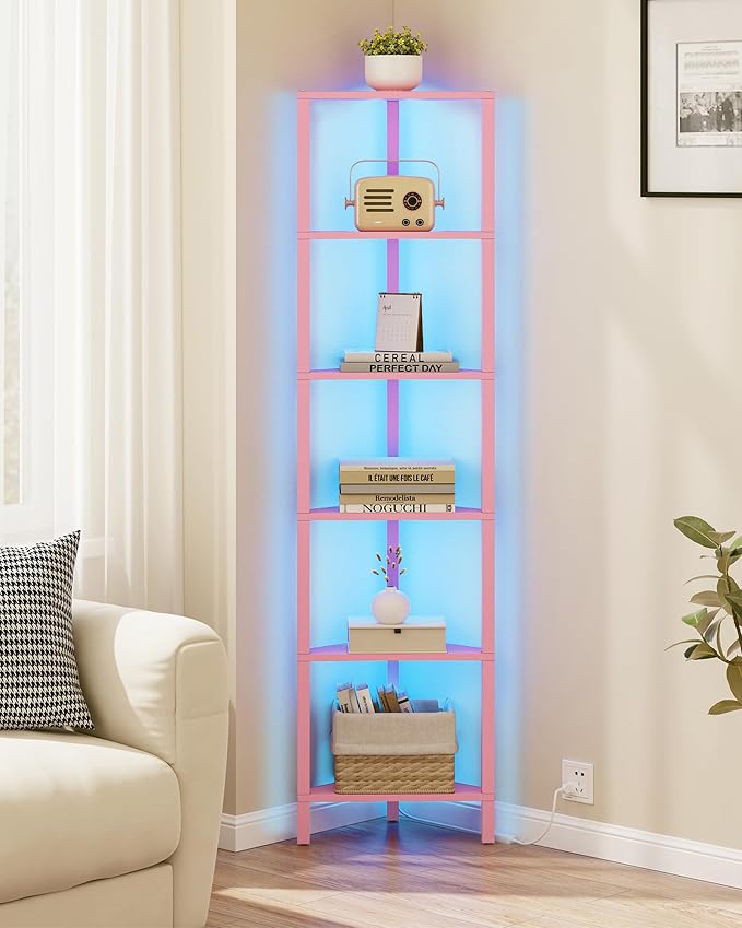 TUTOTAK Corner Shelf with LED Light, 6-Tier Corner Bookshelf for Small Space, Narrow Display Corner Shelf Stand with Storage Rack, for Living Room, Bedroom, Pink BS05BP006L - Image 4