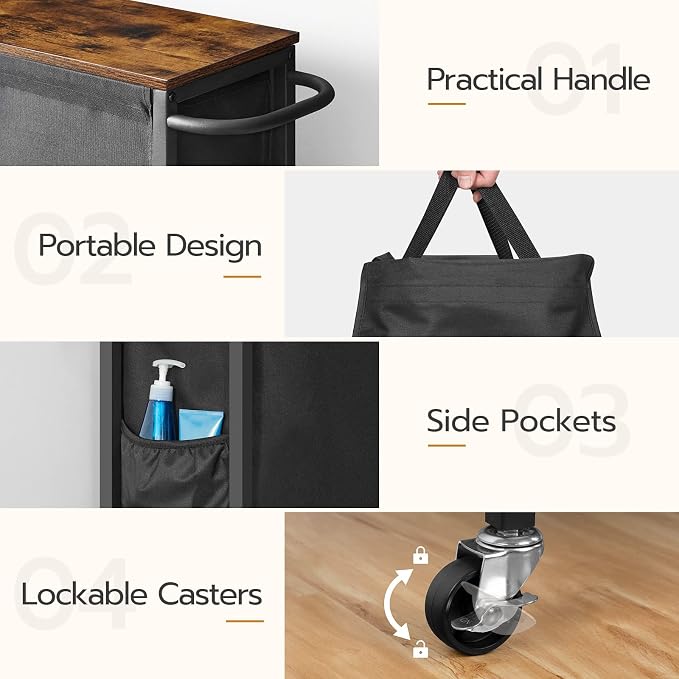HOOBRO Slim Laundry Hamper with Lid, 11Gal Rolling Laundry Basket with Wheels, Laundry Sorter with Side Pockets and Handle, Oxford Fabric Bag, Space-Saving, Rustic Brown and Black BF24XY01G2 - Image 5