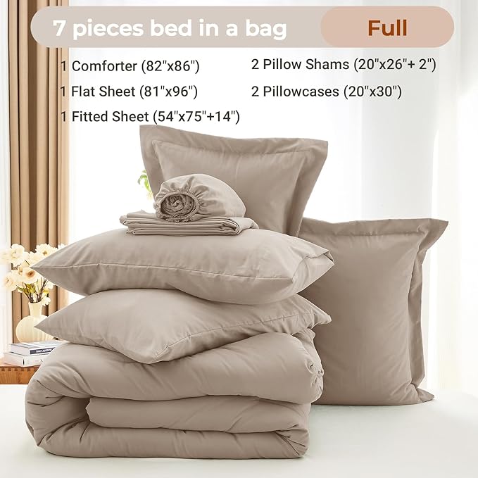 MUXHOMO 7 Pieces Full Comforter Set, Soft Bed in a Bag Full Size, All Season Bedding Set with Comforter, Flat Sheet, Fitted Sheet, Pillowcases & Shams, Linen