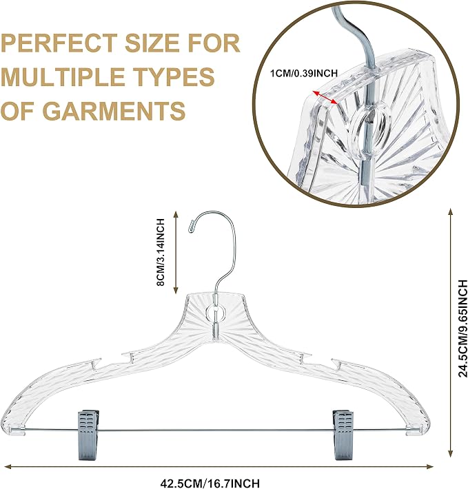 Quality Clear Plastic Skirt Hangers - 12 Pack Crystal Cut for Skirt, Pant, Dress, Suit, Coat Hangers Heavy Duty & Nonslip Design Asujtable Clips, Swival Hook, 17" inch (12, Crystal Skirt) - Image 5