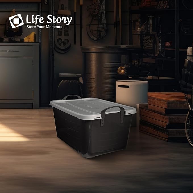 Life Story 24 Pack Heavy Duty Stackable Storage Bin, 55 Quart Home Organizer, Versatile Lightweight Locking Bins with Carrying Handles, Black/Gray - Image 4
