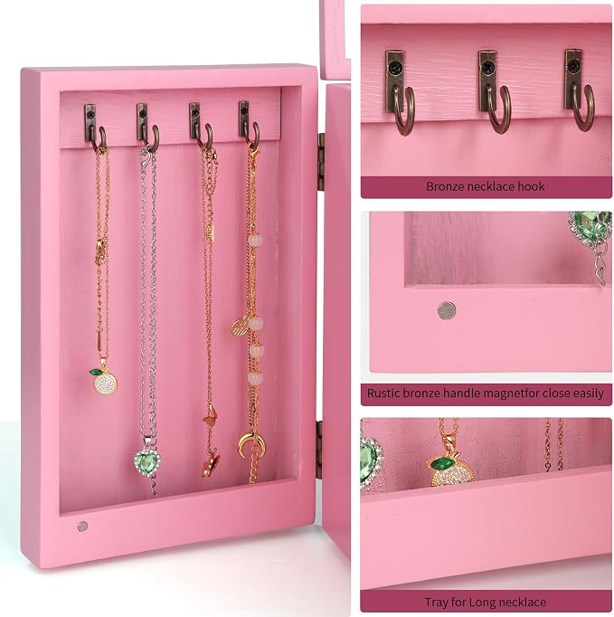 Meangood Jewelry Box Wood for Wowen, 5-Layer Large Organizer Box with Mirror & 4 Drawers for Rings, Earrings, Necklaces, Pink - Image 5