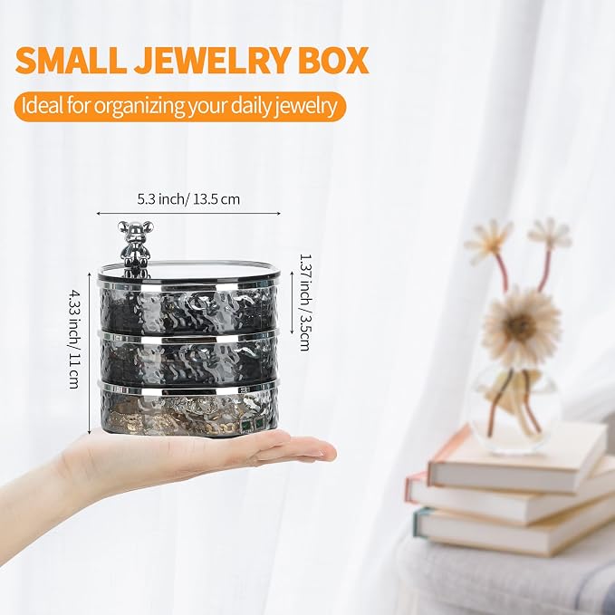 LETURE 3-Layers Rotatable Jewelry Organizer Storage Box, Clear Ripple Jewelry Holder Case for Ring Earring Necklaces Bracelets Makeup Hair Accessories, Small Rotating Jewelry Tray for Women (Grey) - Image 2
