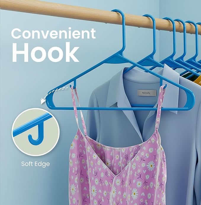 Utopia Home Plastic Hangers 50 Pack - Space Saving Clothes Hanger - Durable & Strong Closet Organizers and Storage with Built-in Strap Hooks - Essential for Shirts, Pants, Skirts & Coats (Blue) - Image 5