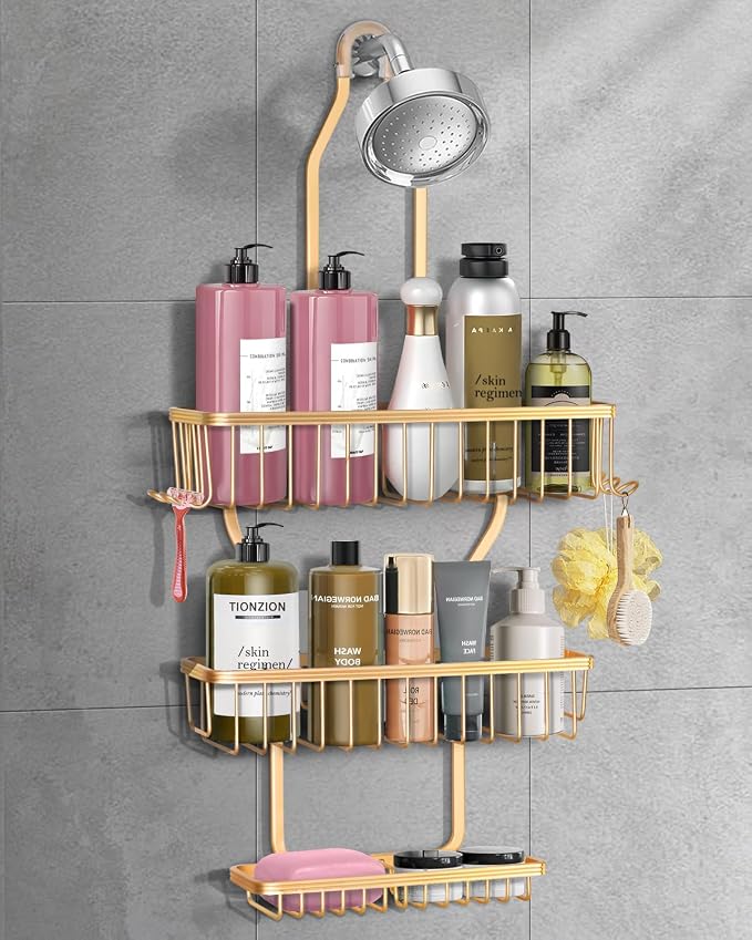 Shower Caddy Hanging - Never Rust Shower Hanging Organizer - Aluminum Over the ShowerHead Caddy with Soap Basket and 6 Razor/Sponge Hooks (Gold) by MSAICOE