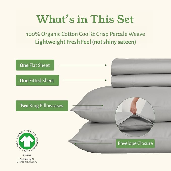 California Design Den King Size Sheets Set - Soft 100% Organic Cotton, Crisp Percale Sheets with Deep Pockets, Breathable and Durable Bedding Set - Light Grey