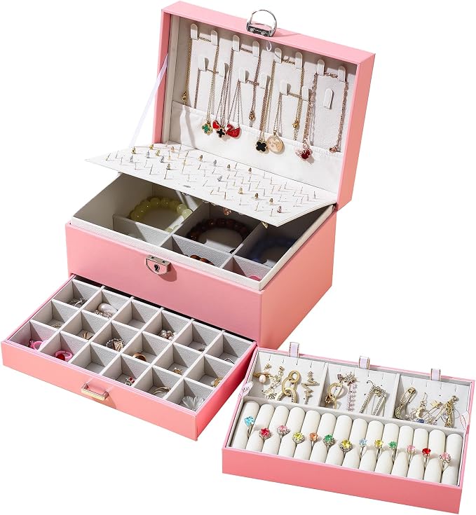 BOOVO Earring Jewelry Box For Women Girl Stud Organizer, 5 Layers Girl Jewelry Organizer Box With Lock Earring Holder Organizer Necklace Ring Jewelry Organizer Box For Girls (Pink) by BOOVO