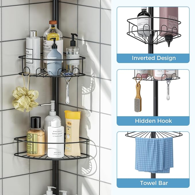 Corner Shower Caddy Tension Pole，4 Tier Adjustable Bathroom Organizer Shelves，Inside Shower Storage With Hidden Hook & Towel Holder,63.7-119 Inch No-Drill Quick Installation Shower Rack,Black - Image 2