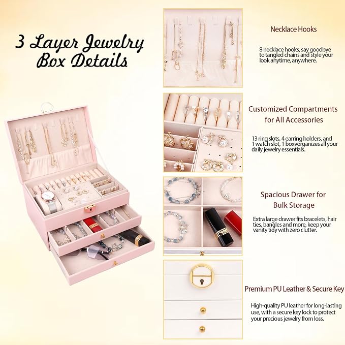 3 Layer Jewelry Box for girls, Lockable Jewelry Organizer for Necklace Earring Ring Bracelet Watch, PU Leather Storage, Pink - Image 3