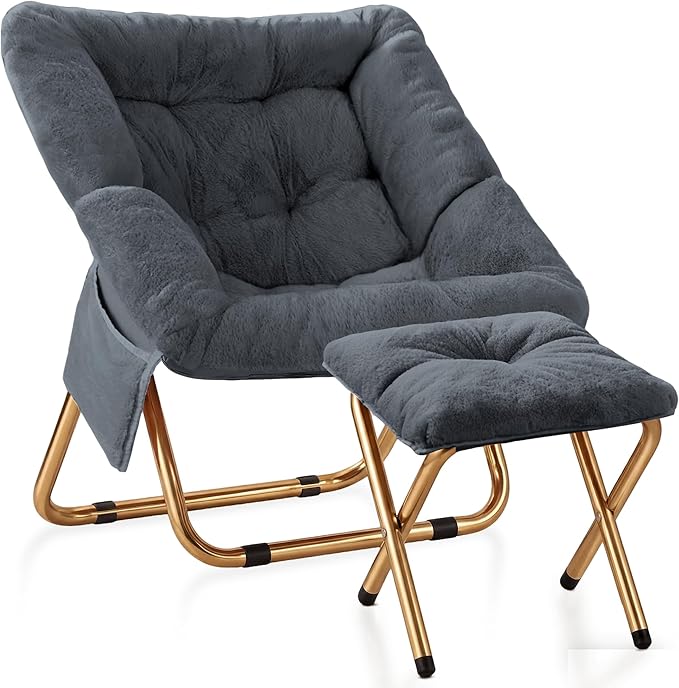 Kasunpul Comfy Saucer Chair, Foldable Living Room Chairs, Soft Faux Fur Lounge Chair for Bedroom, Reading Chairs for Adults, Teens, X-Large (Dark Grey)