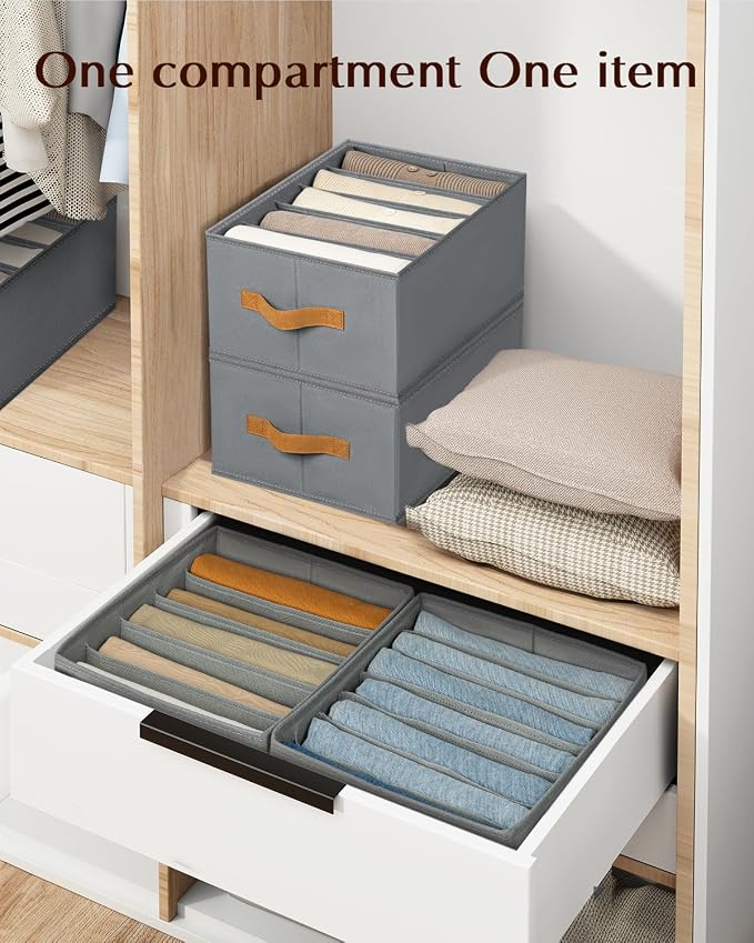 Homsorout Clothes Organizers and Storage - 4/5/7 Grids Fabric Jeans Organizer with Handles, Foldable Closet Organizers Dividers, Wardrobe organizer for Pant, Sweater, T-shirt, Scarf, 3 Pack, Pale Grey - Image 4