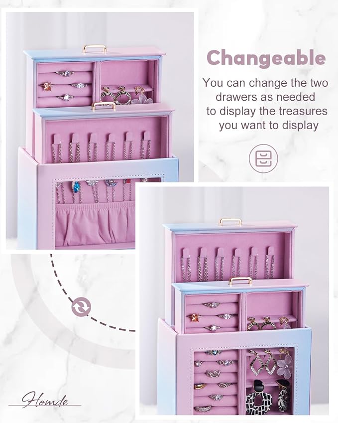 Homde Jewelry Organizer Girls Women Jewelry Box for Necklaces Rings Earrings Gift Bracelets Storage Case (Blue - Pink Gradient + Gold) - Image 2