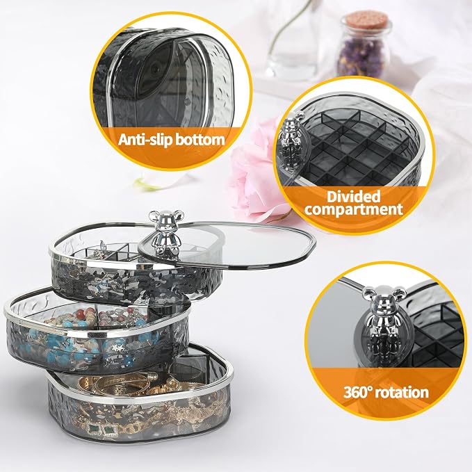 LETURE 3-Layers Rotatable Jewelry Organizer Storage Box, Clear Ripple Jewelry Holder Case for Ring Earring Necklaces Bracelets Makeup Hair Accessories, Small Rotating Jewelry Tray for Women (Grey) - Image 6